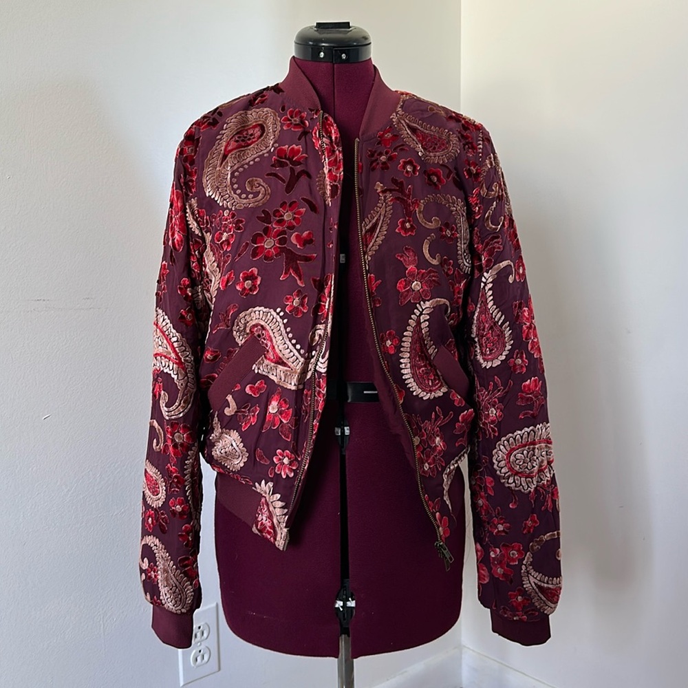 Burgundy floral bomber jacket with velvet details, size S
